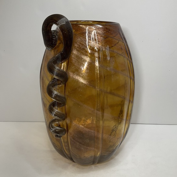 Vintage Tall Pier One Amber & gold swirl glass pumpkin vase with long curly stem - Picture 2 of 8